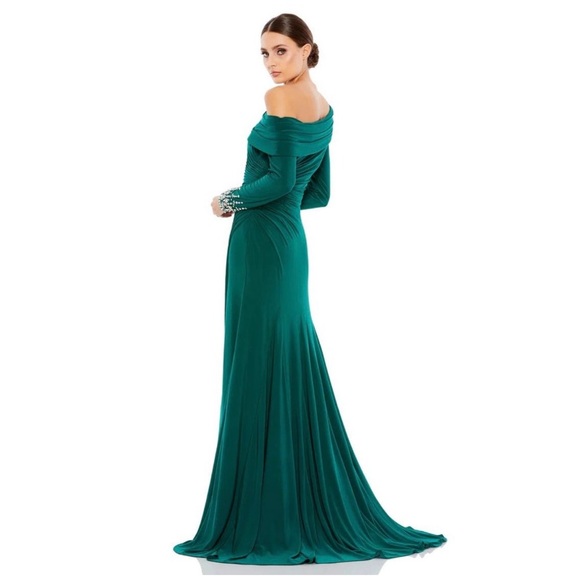 Mac Duggal 12231 Emerald Green Beaded Cuff Drop Shoulder Faux Wrap Gown 8 - Picture 2 of 5
